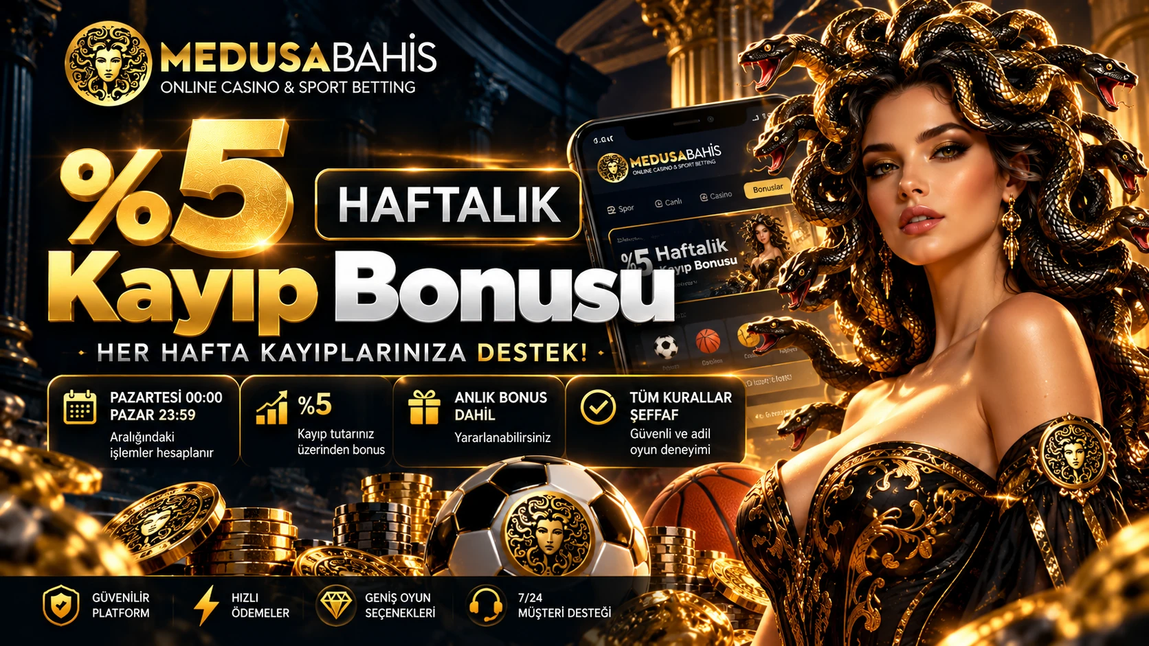 MedusaBahis %5 haftalık kayıp bonusu kampanya görseli